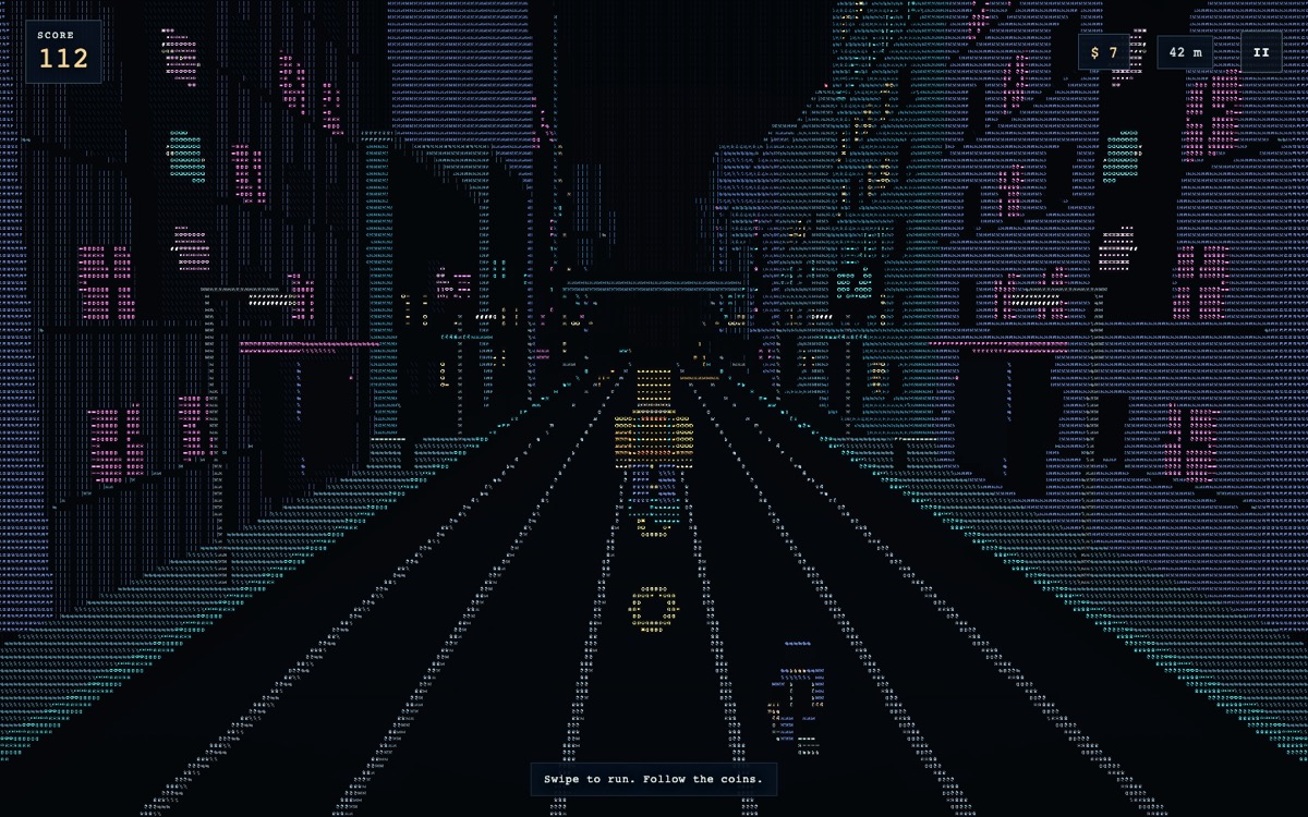 Mid-run down a three-lane road of text, coins ahead, neon towers on both sides