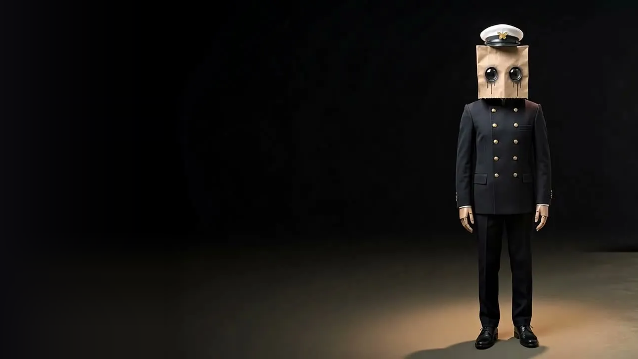 Adnan’s character wearing a dark uniform and a paper-bag head