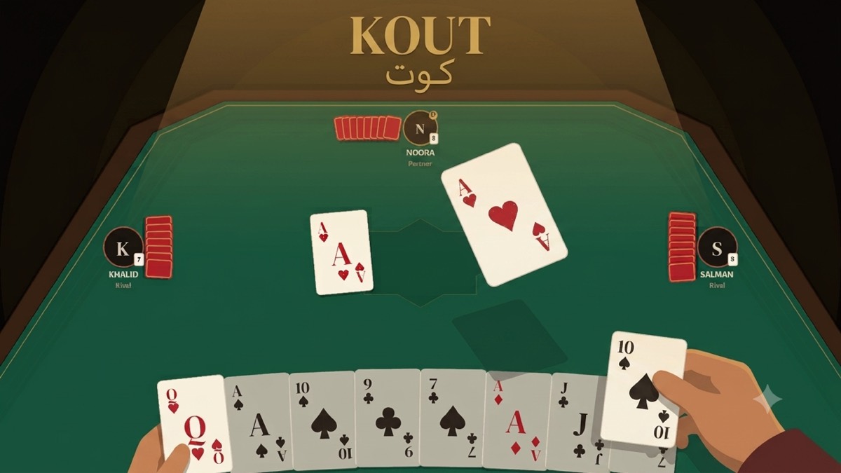 Mid-trick at the KOUT table: your hand fanned at the near edge, partner across the felt